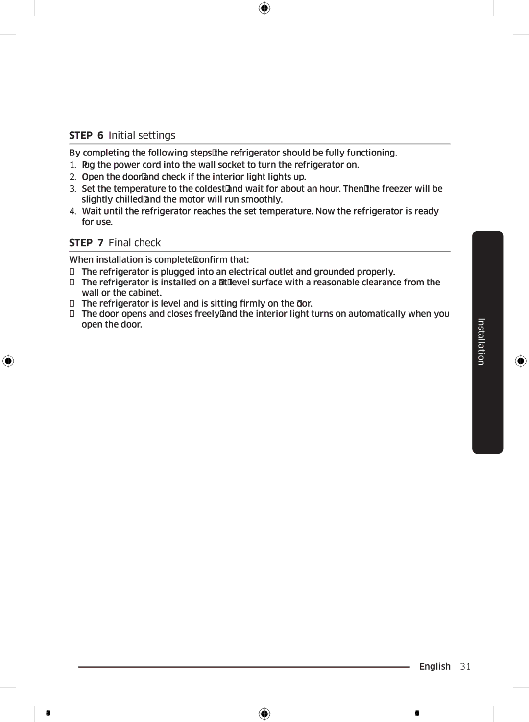 Samsung RT29K5157SL/ZA, RT38K5010S8/SG, RT35K5110SP/SG, RT35K5010S8/SG, RT29K5157WW/ZA manual Initial settings, Final check 