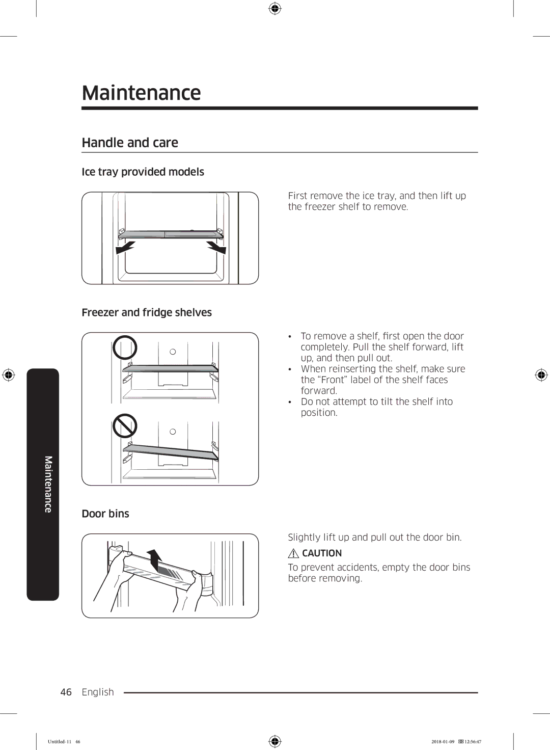 Samsung RT35K5010S8/SG manual Maintenance, Handle and care, Ice tray provided models, Freezer and fridge shelves, Door bins 