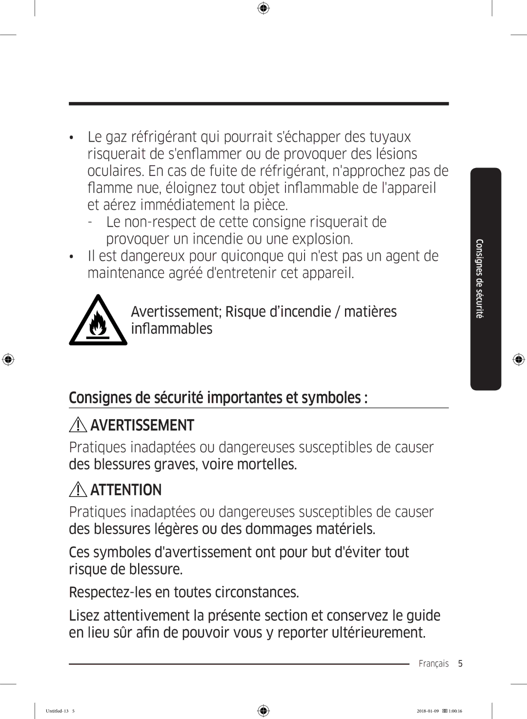 Samsung RT35K5010S8/SG, RT38K5010S8/SG, RT35K5110SP/SG manual Consignes de sécurité importantes et symboles, Avertissement 