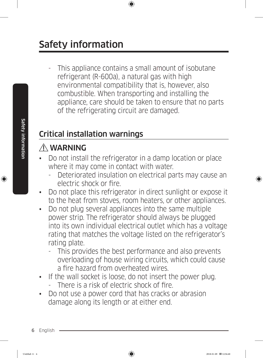 Samsung RT38K5157WW/ZA, RT38K5010S8/SG, RT35K5110SP/SG, RT35K5010S8/SG, RT29K5157WW/ZA manual Critical installation warnings 