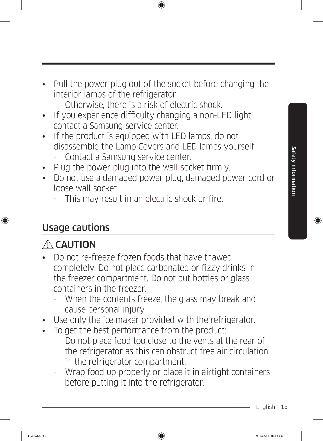 Samsung RT38K5452SP/ML, RT38K5452WW/ML, RT29K5452WW/ML manual Usage cautions 