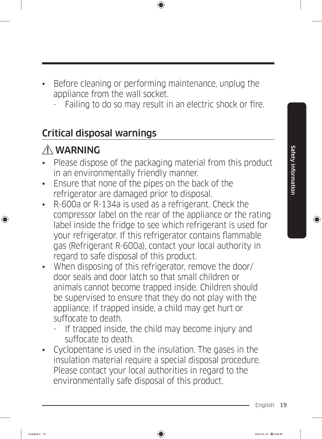 Samsung RT38K5452WW/ML, RT38K5452SP/ML, RT29K5452WW/ML manual Critical disposal warnings 