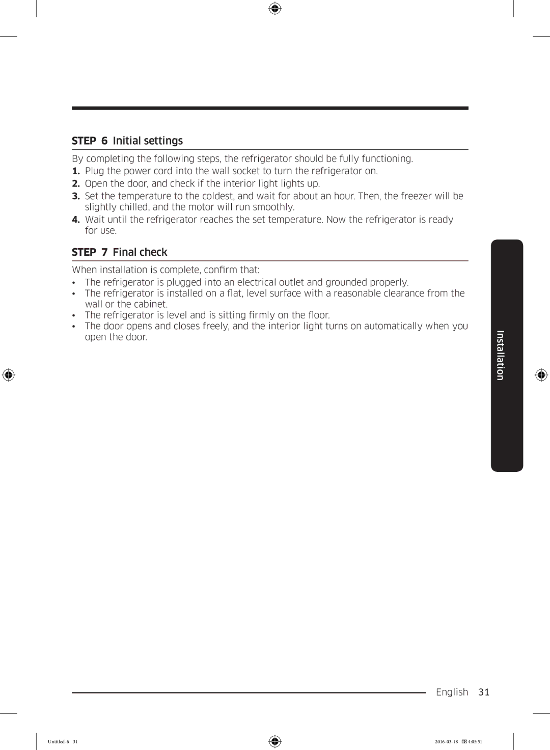 Samsung RT38K5452WW/ML, RT38K5452SP/ML, RT29K5452WW/ML manual Initial settings, Final check 