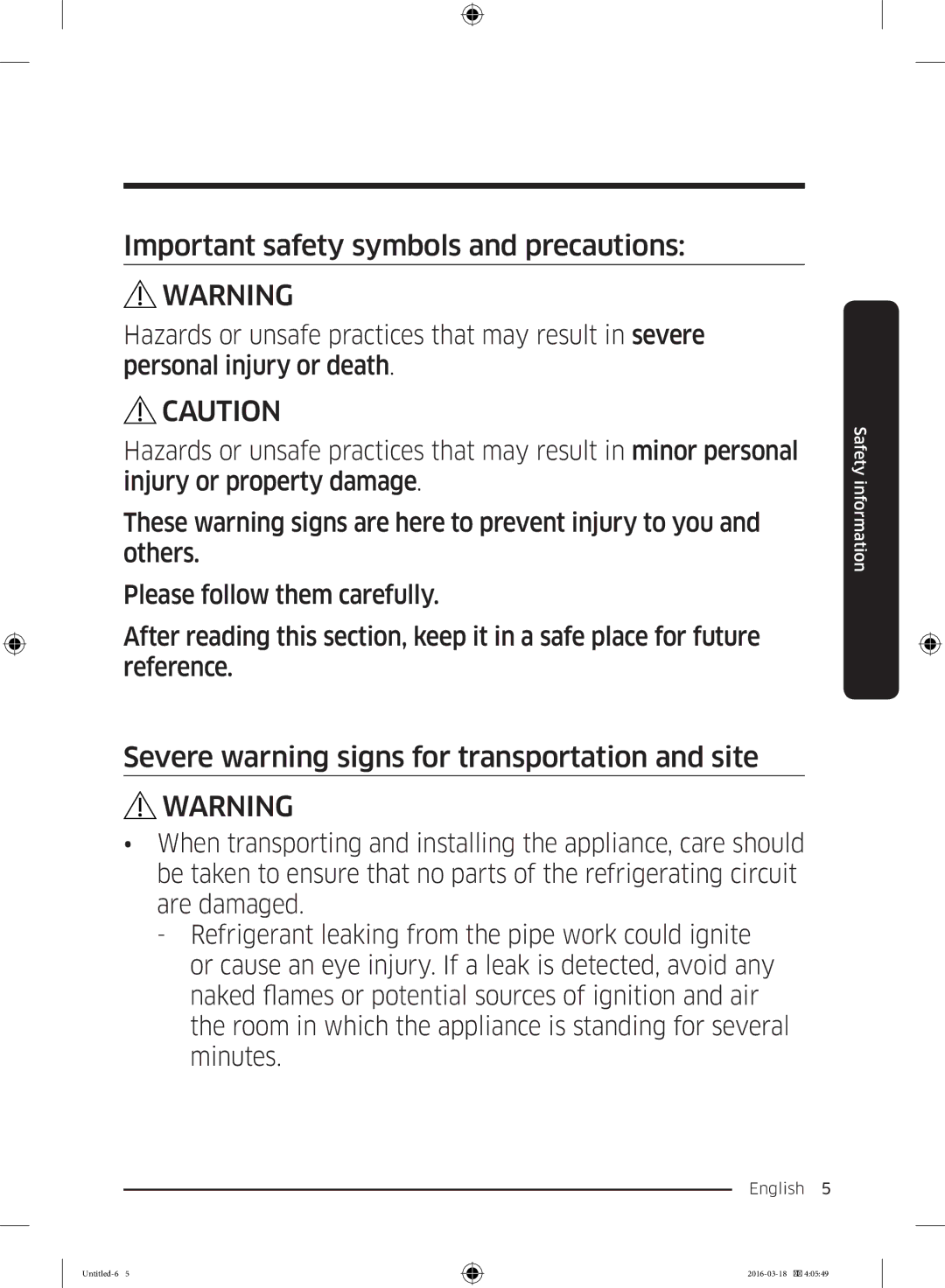 Samsung RT29K5452WW/ML, RT38K5452SP/ML, RT38K5452WW/ML manual Important safety symbols and precautions 