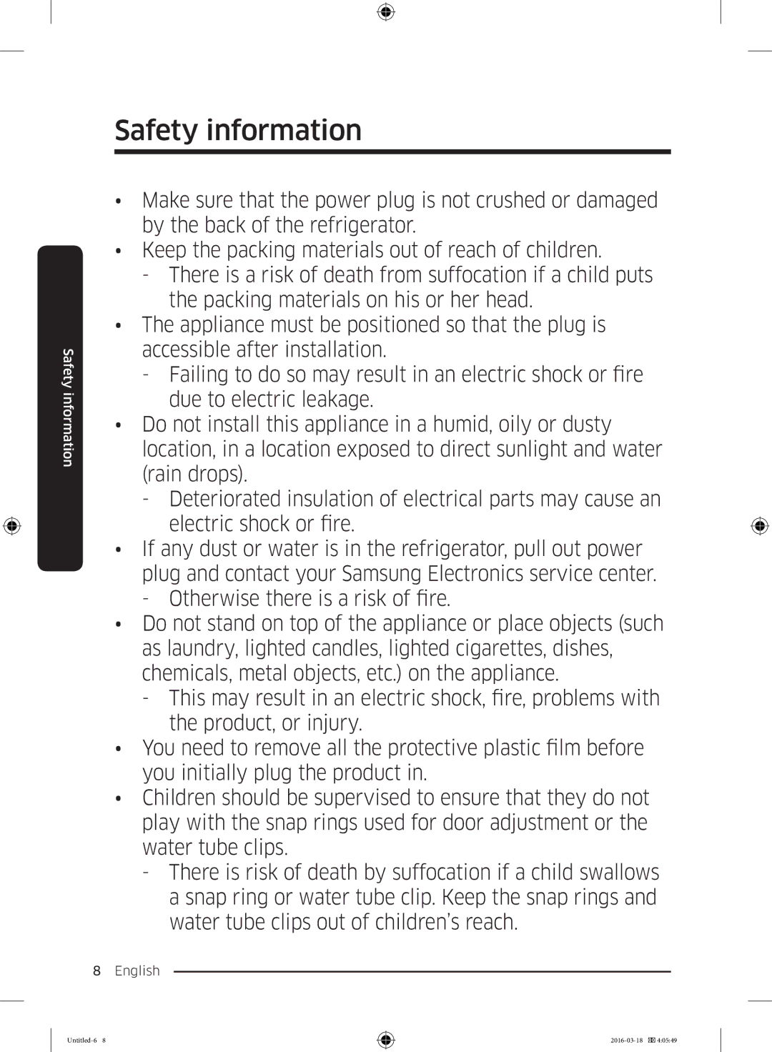 Samsung RT29K5452WW/ML, RT38K5452SP/ML, RT38K5452WW/ML manual Safety information 