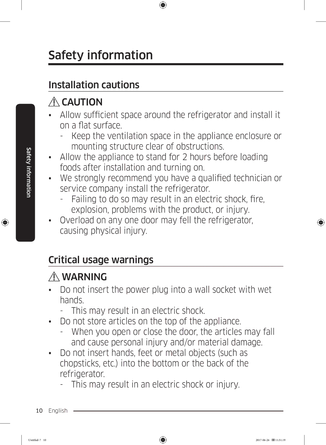 Samsung RT38K5530S8/ES, RT38K5535EF/ES, RT35K5430EF/ES, RT29K5030WW/ES manual Installation cautions, Critical usage warnings 