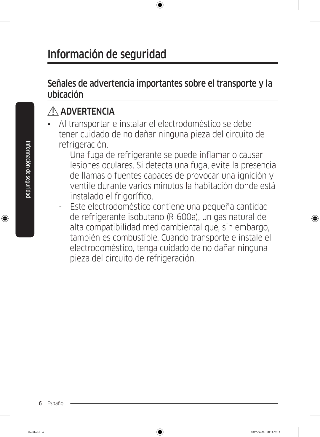 Samsung RT38K5530S8/ES, RT38K5535EF/ES, RT35K5430EF/ES, RT29K5030WW/ES, RT32K5030EF/ES manual Información de seguridad 