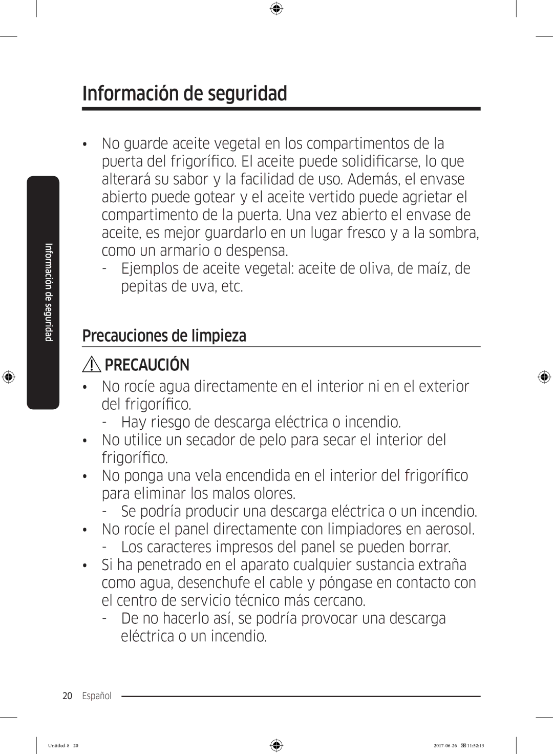 Samsung RT32K5030WW/ES, RT38K5535EF/ES, RT35K5430EF/ES, RT29K5030WW/ES, RT32K5030EF/ES manual Precauciones de limpieza 