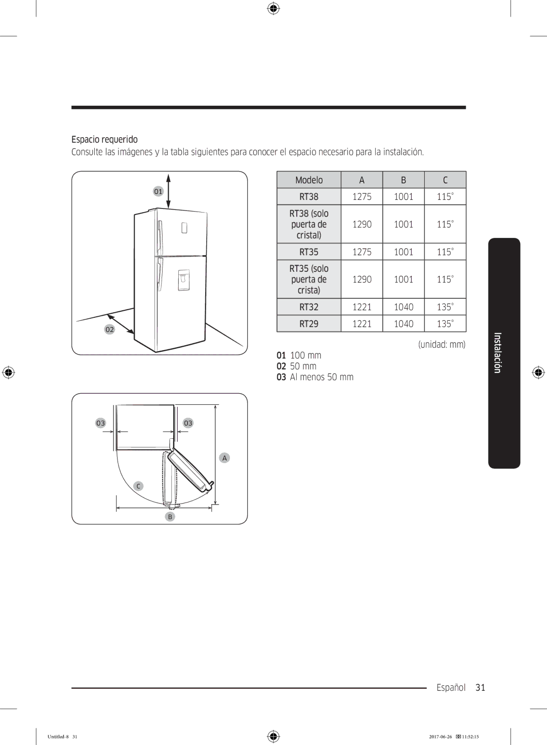 Samsung RT32K5035WW/ES, RT38K5535EF/ES, RT35K5430EF/ES, RT29K5030WW/ES manual Unidad mm 01 100 mm 02 50 mm Al menos 50 mm 