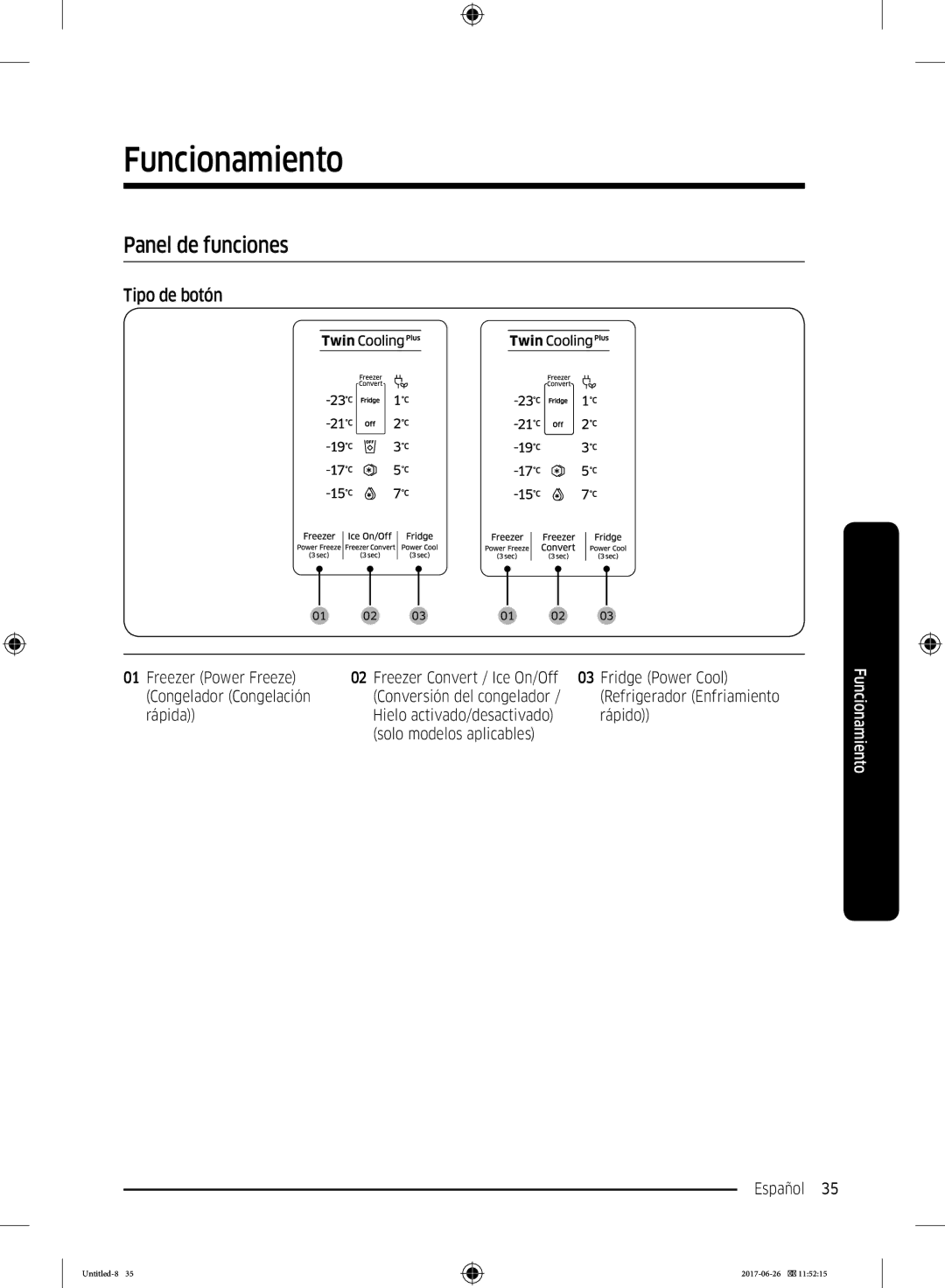 Samsung RT38K5535EF/ES, RT35K5430EF/ES, RT29K5030WW/ES, RT32K5030EF/ES Funcionamiento, Panel de funciones, Tipo de botón 