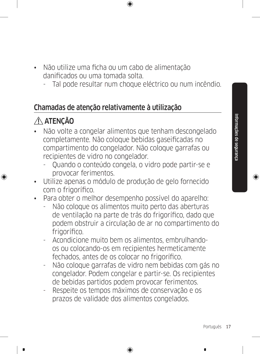 Samsung RT35K5430S8/ES, RT38K5535EF/ES, RT35K5430EF/ES, RT29K5030WW/ES manual Chamadas de atenção relativamente à utilização 