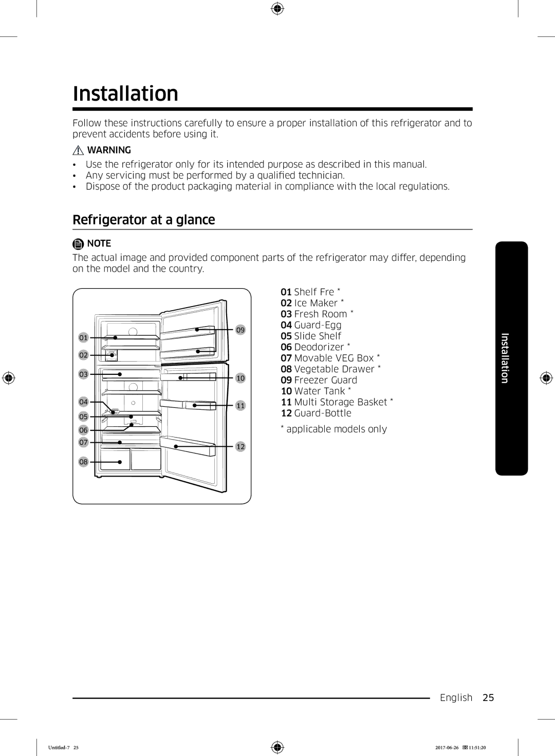 Samsung RT38K5530S9/EO, RT38K5535EF/ES, RT35K5430EF/ES, RT29K5030WW/ES, RT32K5030EF/ES Installation, Refrigerator at a glance 