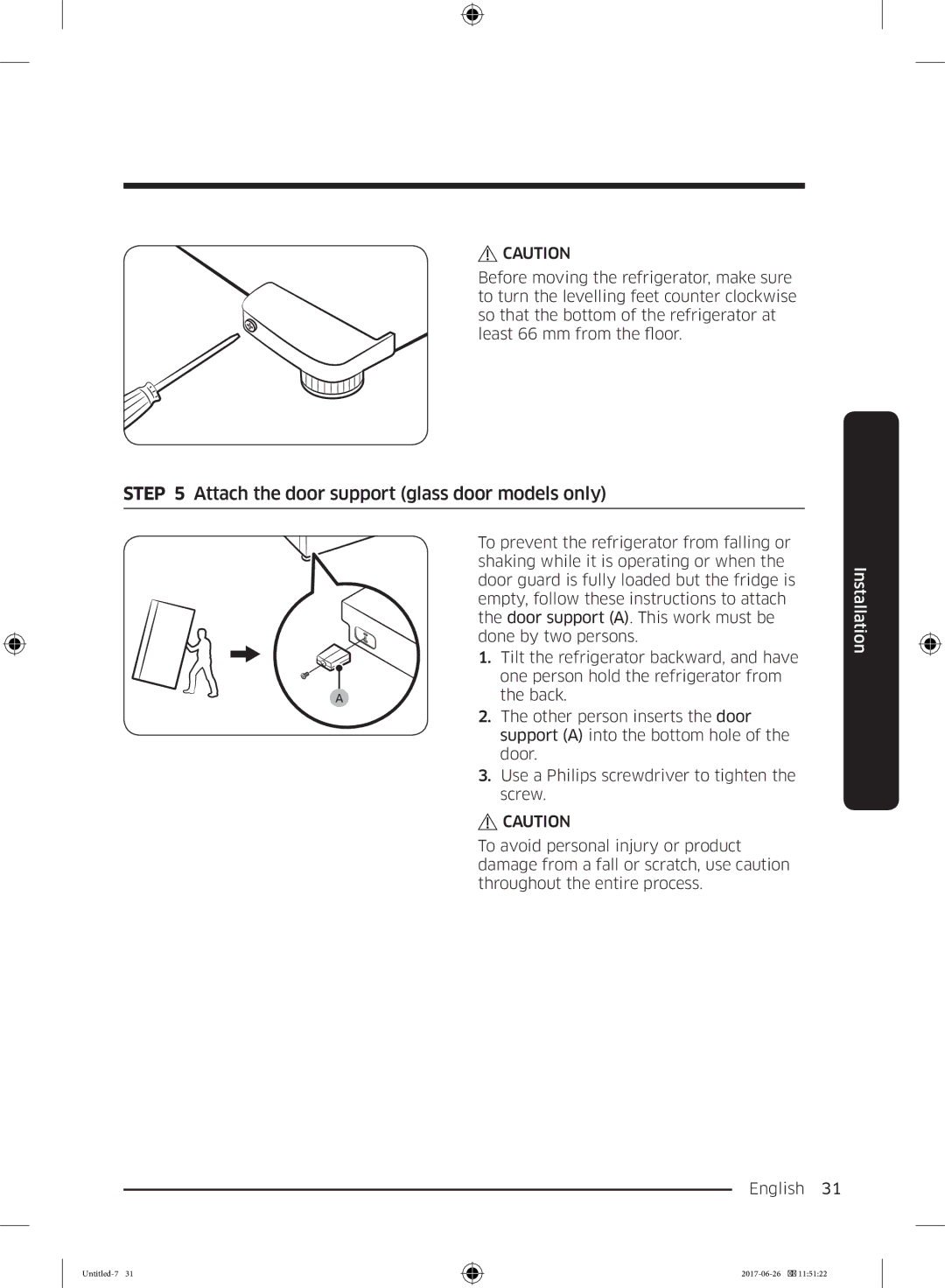 Samsung RT29K5030S8/ES, RT38K5535EF/ES, RT35K5430EF/ES, RT29K5030WW/ES manual Attach the door support glass door models only 