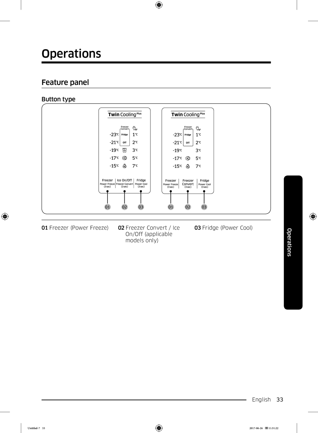 Samsung RT38K5530S9/ES, RT38K5535EF/ES, RT35K5430EF/ES, RT29K5030WW/ES, RT32K5030EF/ES Operations, Feature panel, Button type 