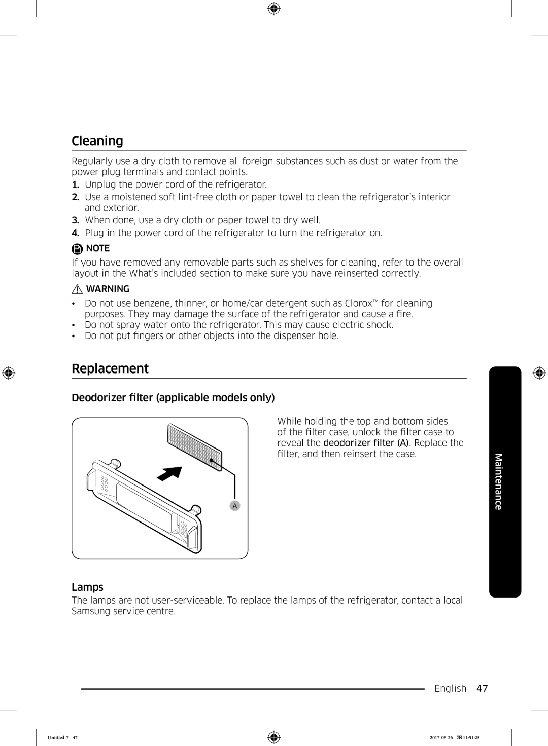 Samsung RT35K5430S8/ES, RT38K5535EF/ES manual Cleaning, Replacement, Deodorizer filter applicable models only, Lamps 