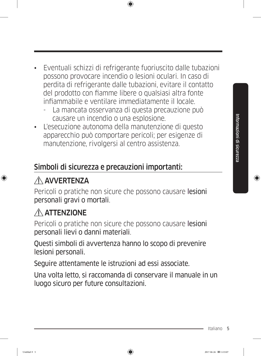 Samsung RT29K5030S8/ES, RT38K5535EF/ES, RT35K5430EF/ES manual Simboli di sicurezza e precauzioni importanti, Attenzione 