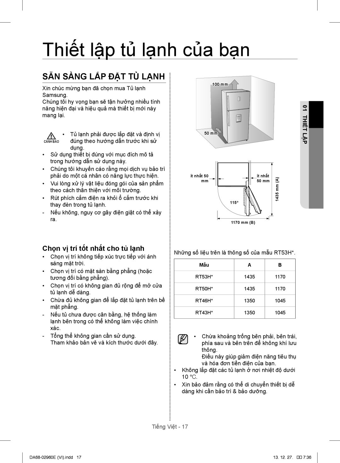 Samsung RT43H5631SL/SV, RT43H5231SL/SV, RT50H6631SL/SV manual Thiết lập tủ̉ lạnh củ̉a bạn, SẴN Sàng LẮP ĐẶT TỦ Lạnh 