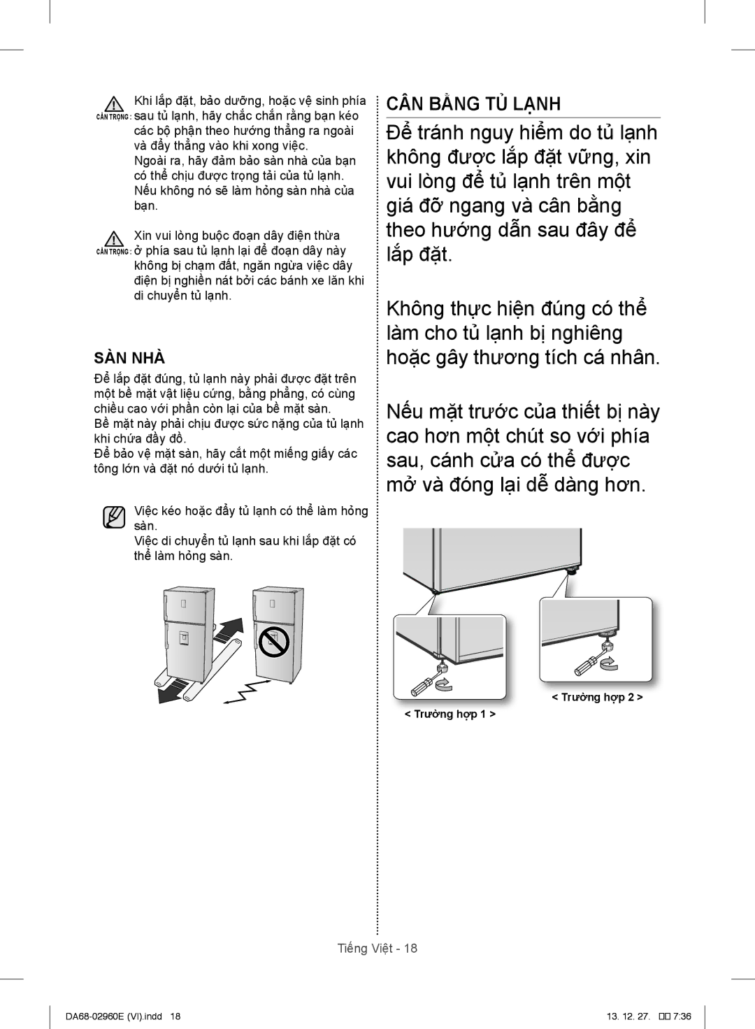 Samsung RT43H5231SL/SV, RT50H6631SL/SV, RT43H5631SL/SV manual CÂN Bằng TỦ Lạnh, Sàn Nhà 