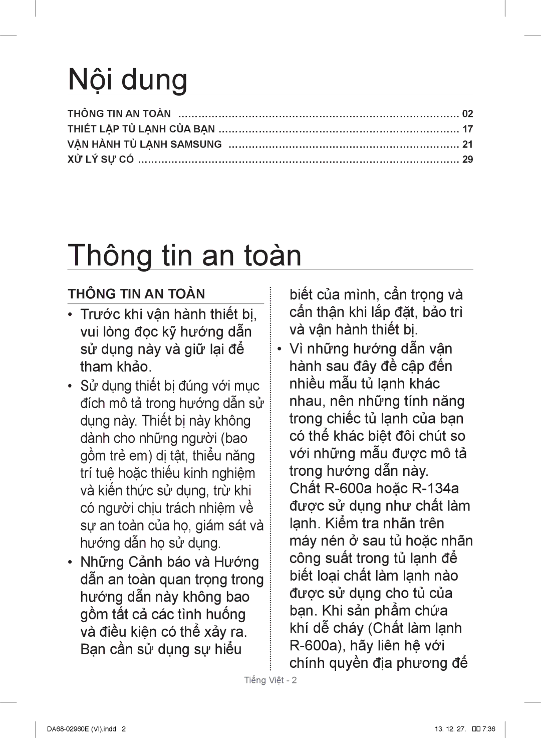 Samsung RT43H5631SL/SV, RT43H5231SL/SV, RT50H6631SL/SV manual Nội dung, Thông tin an toàn, Thông TIN AN TOÀN 