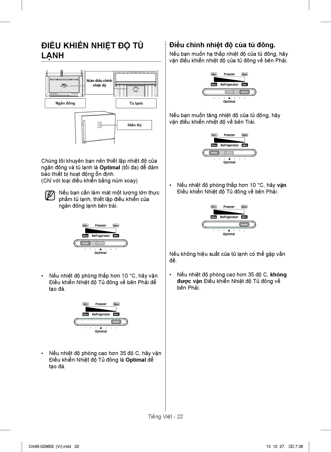 Samsung RT50H6631SL/SV, RT43H5231SL/SV, RT43H5631SL/SV manual Điều Khiển Nhiệt ĐỘ TỦ Lạnh, Điều chỉnh nhiệt độ của tủ đông 