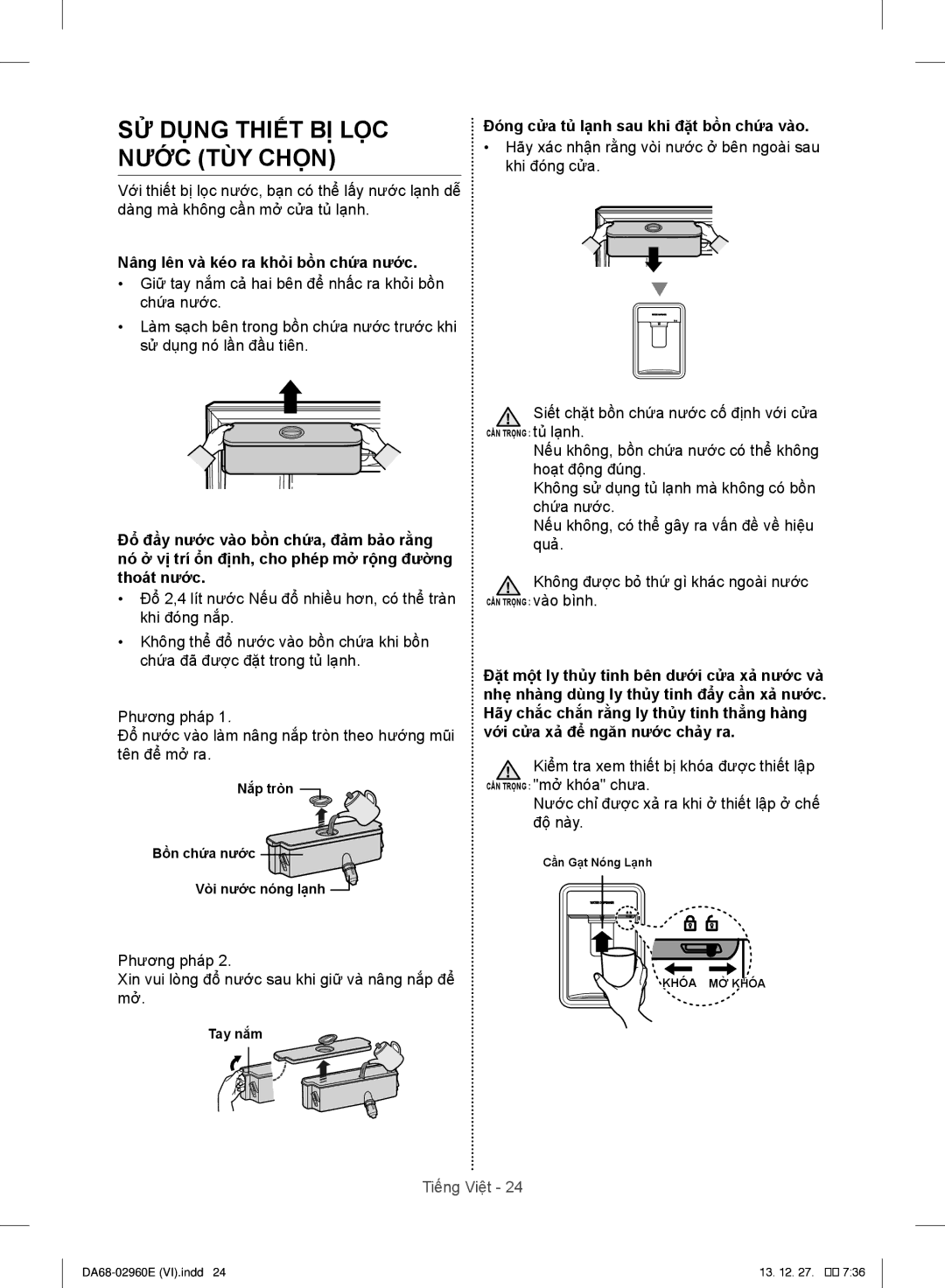 Samsung RT43H5231SL/SV, RT50H6631SL/SV manual SỬ Dụng Thiết BỊ LỌC Nước TÙY Chọn, Nâng lên và kéo ra khỏi bồn chứa nước 