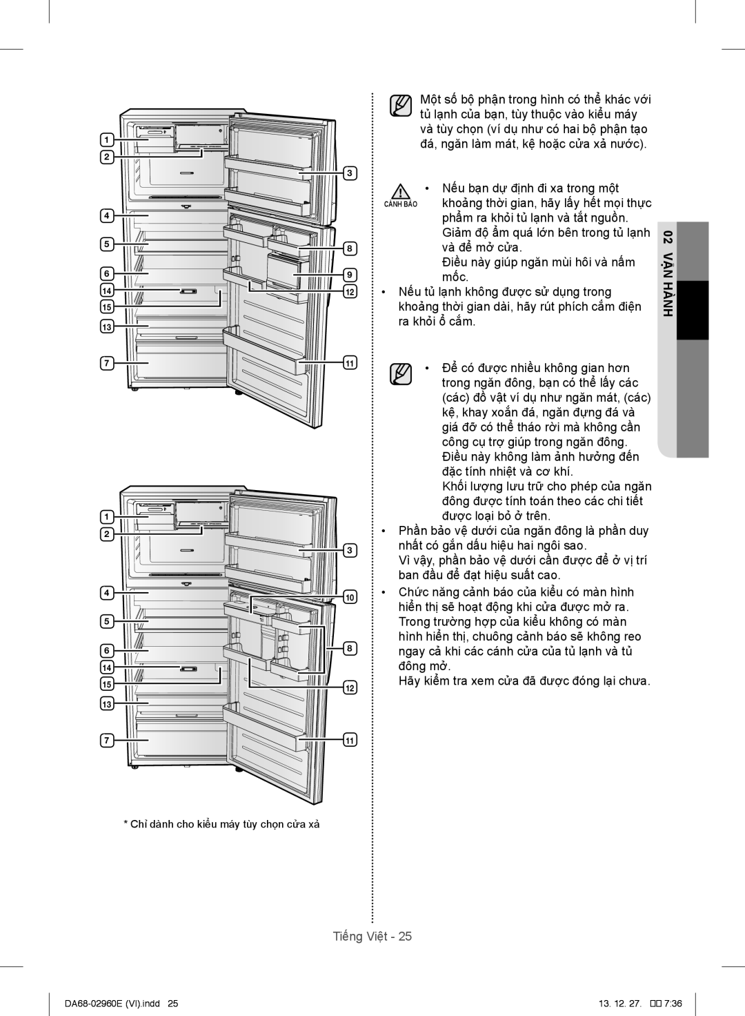 Samsung RT50H6631SL/SV, RT43H5231SL/SV, RT43H5631SL/SV manual Chỉ dành cho kiểu má́y tùy chọn cửa xả 