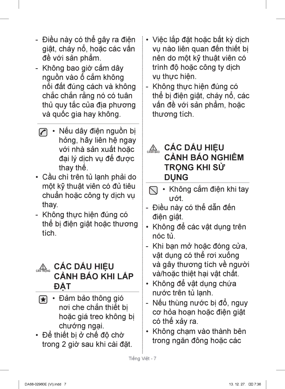 Samsung RT50H6631SL/SV, RT43H5231SL/SV, RT43H5631SL/SV manual CÁC DẤU Hiệu CẨN Trọng Cảnh BÁO KHI LẮP ĐẶT 