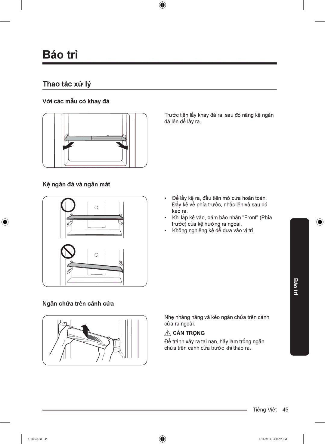 Samsung RT43K6631SL/SV manual Thao tác xử lý, Với các mẫu có khay đá, Kệ ngăn đá và ngăn mát, Ngăn chứa trên cánh cửa 