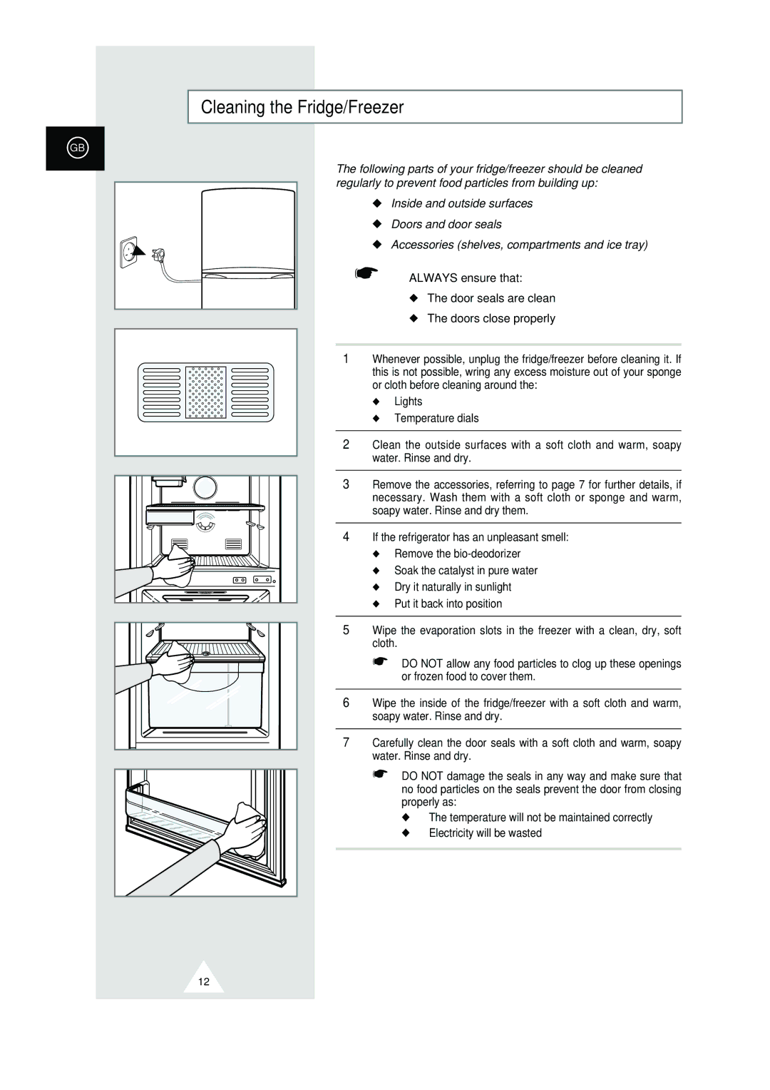 Samsung RT44MASM1/SML, RT44MAMS1/XEF, RT44MASW1/XEF, RT44MASM1/XEF, RT44MAMS1/XET, RT44MAMS2/XET Cleaning the Fridge/Freezer 