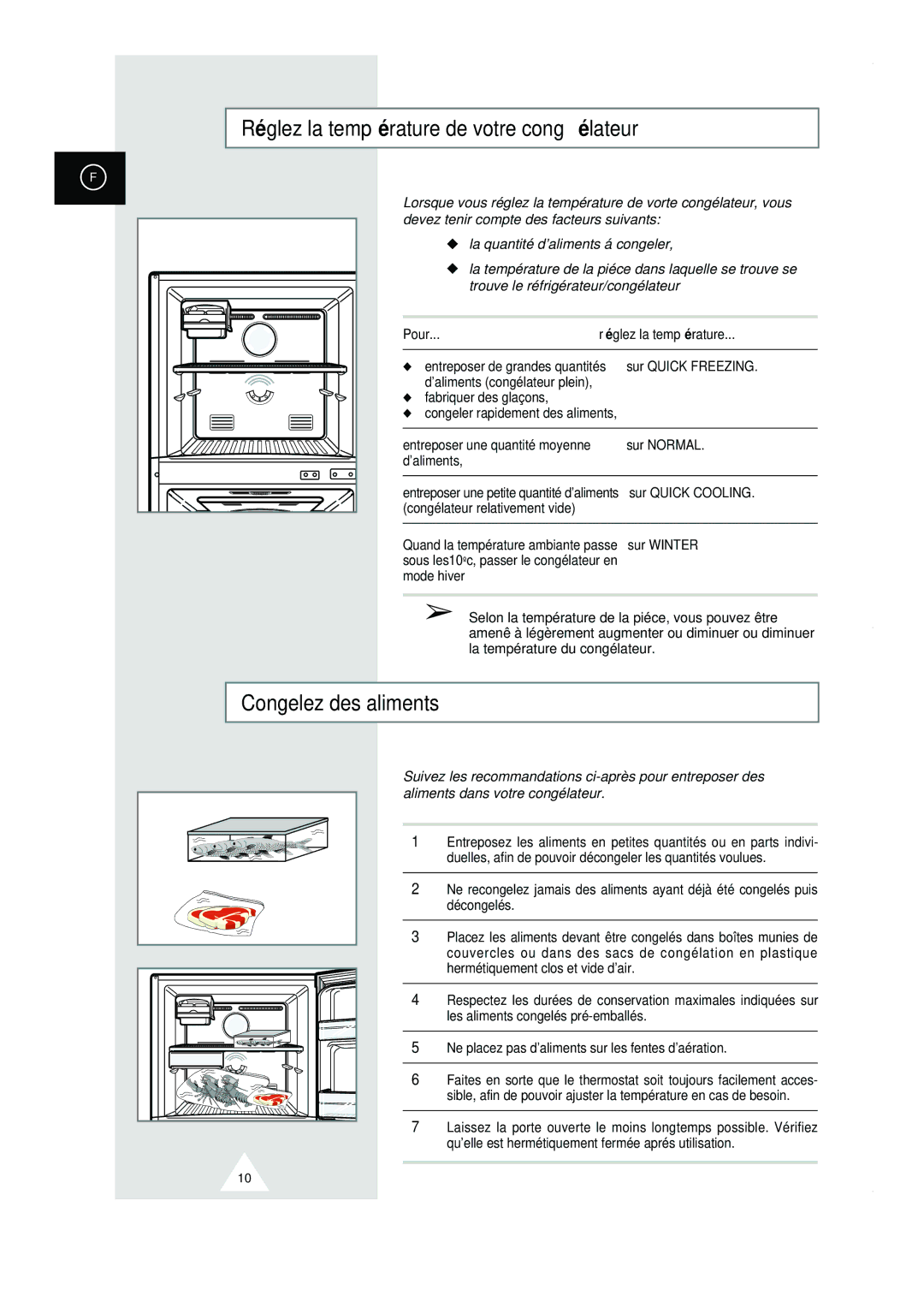 Samsung RT44MASW1/XEF manual Réglez la température de votre congélateur, Congelez des aliments, Pour Réglez la température 