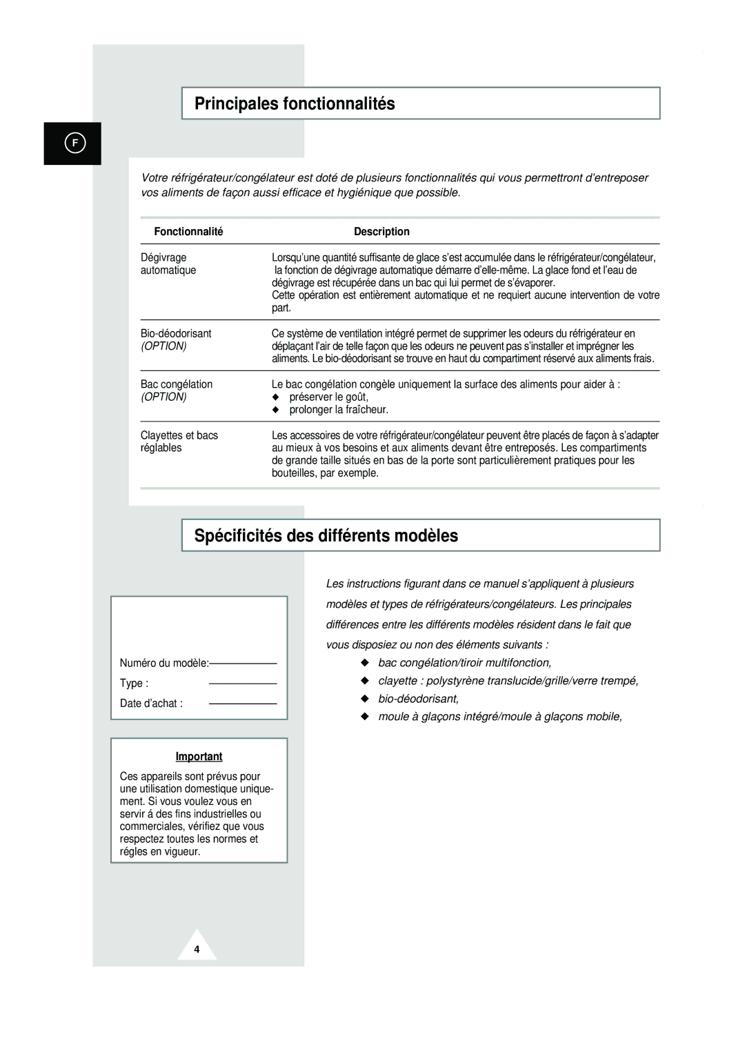 Samsung RT44MASW1/XEF manual Principales fonctionnalités, Spécificités des différents modèles, Fonctionnalité Description 