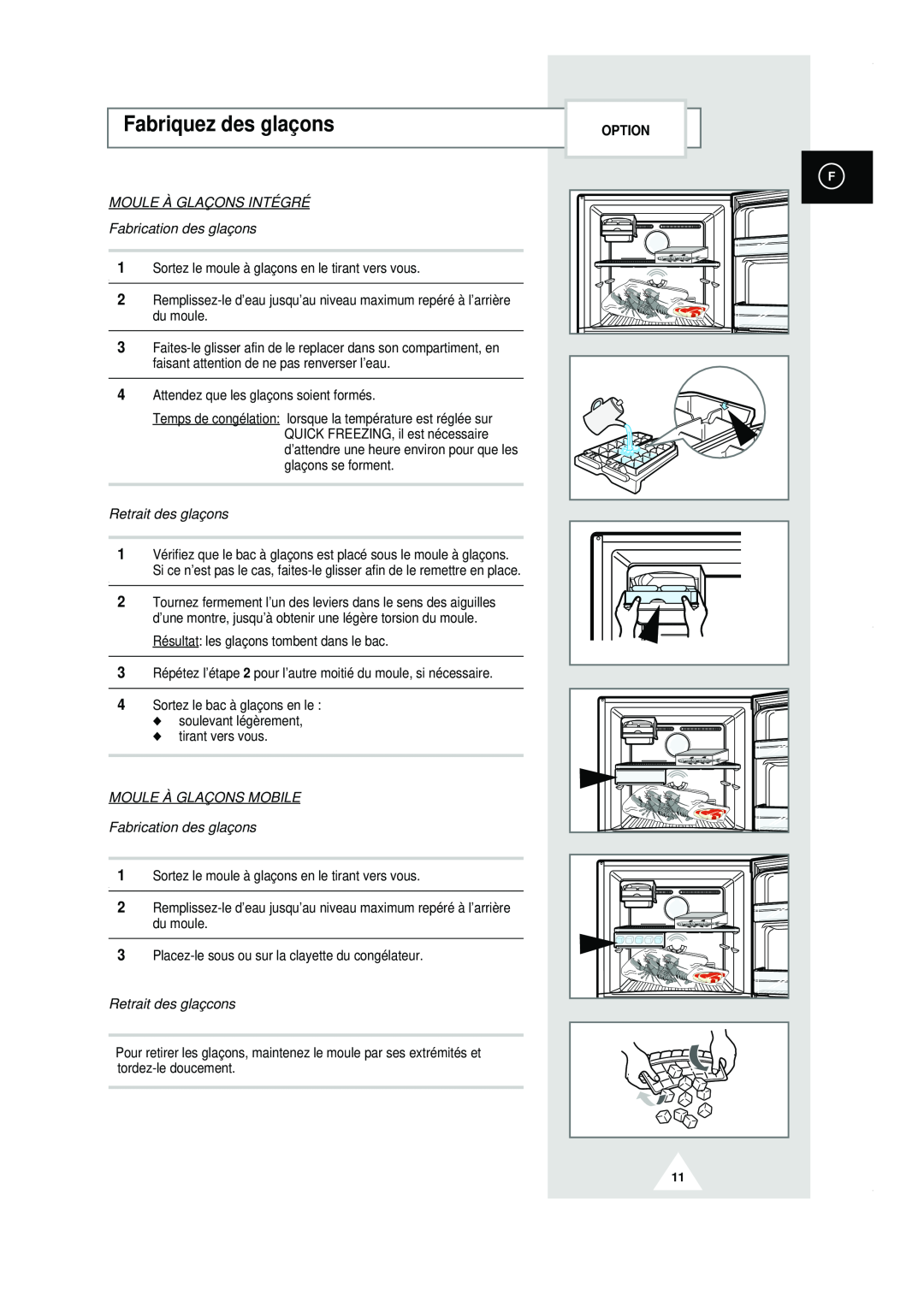 Samsung RT44MASM1/XEF manual Fabriquez des glaçons, MOULE À GLAÇONS INTÉGRÉ Fabrication des glaçons, Retrait des glaçons 