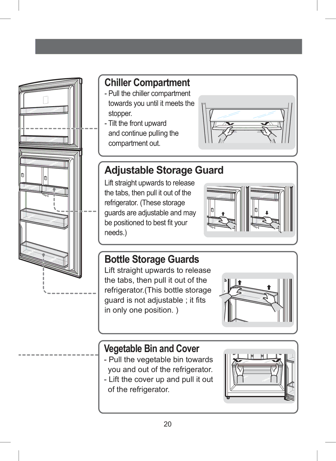 Samsung RT44MASW1/BAY manual Chiller Compartment, Adjustable Storage Guard, Bottle Storage Guards, Vegetable Bin and Cover 