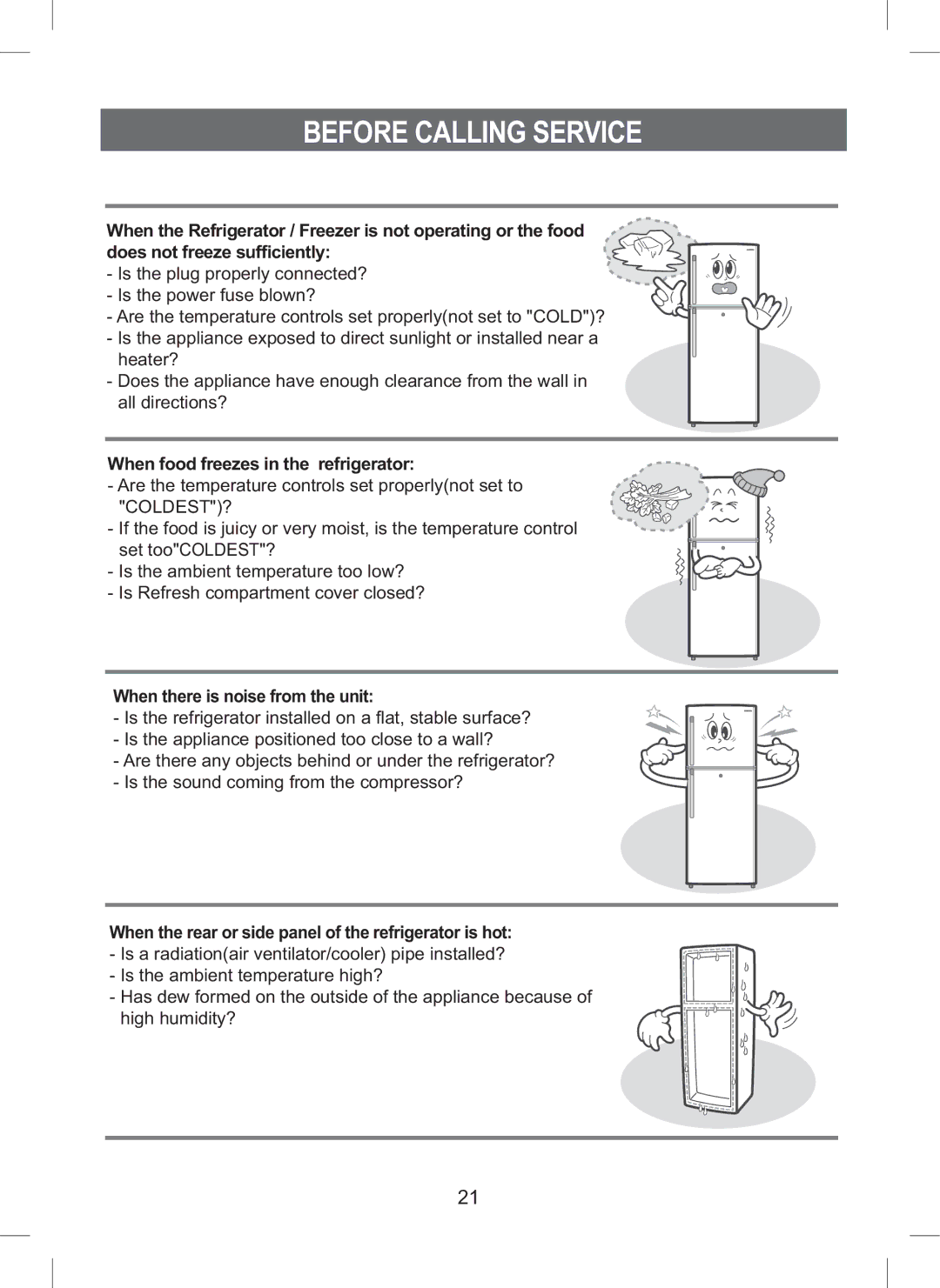 Samsung RT45MAMT1/SUT, RT44MAMS1/XEF, RT45EASM1/XEF manual Before Calling Service, When food freezes in the refrigerator 