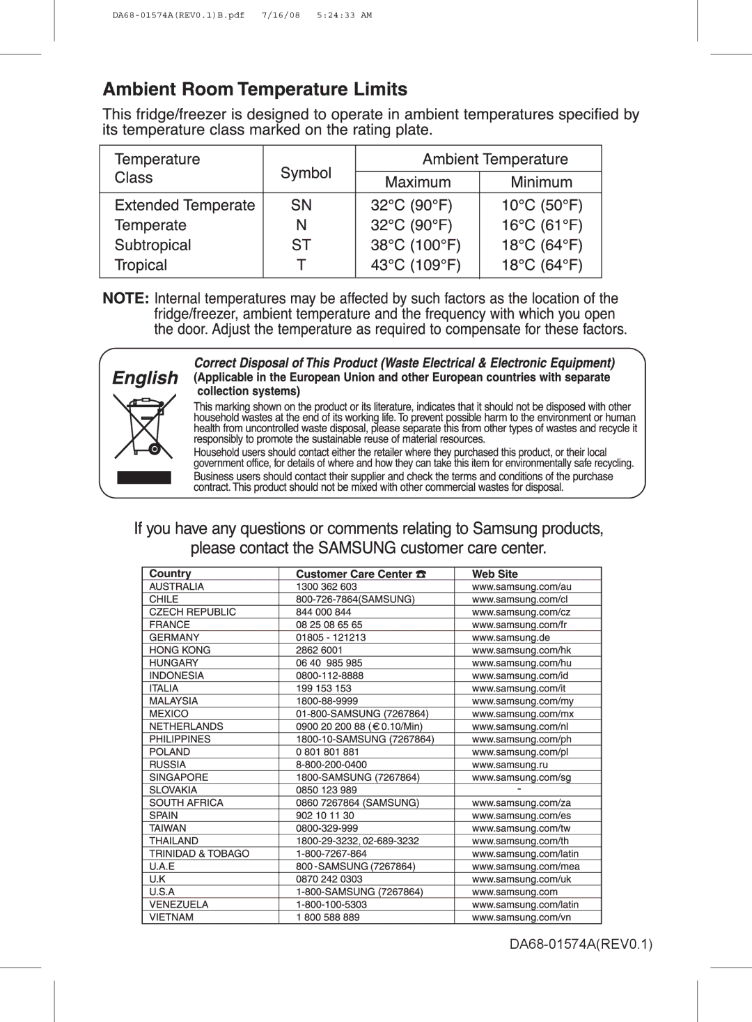 Samsung RT45MASW1/ZAM, RT44MAMS1/XEF, RT45EASM1/XEF, RT44MASW1/XEF, RT41MASW1/EUR, RT44MASM1/XEF manual DA68-01574AREV0.1 