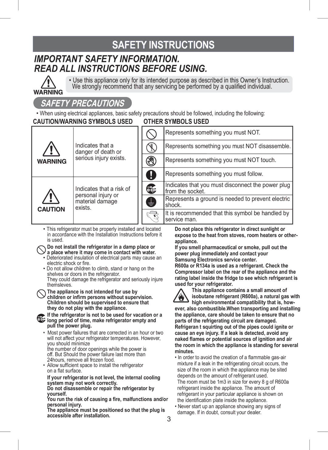 Samsung RT44MASM1/XEF, RT44MAMS1/XEF, RT45EASM1/XEF, RT44MASW1/XEF manual Safety Instructions, HohfwulfVkrfnRu¿Uh 