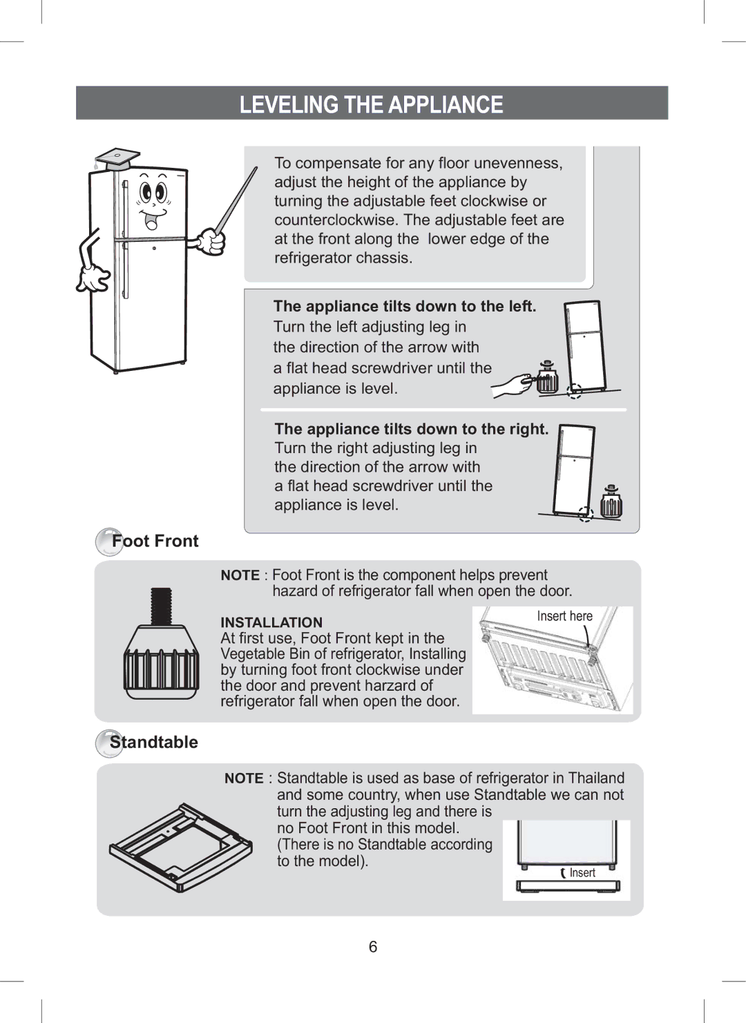 Samsung RT44MAMS2/XET, RT44MAMS1/XEF, RT45EASM1/XEF, RT44MASW1/XEF Leveling the Appliance, Appliance tilts down to the left 