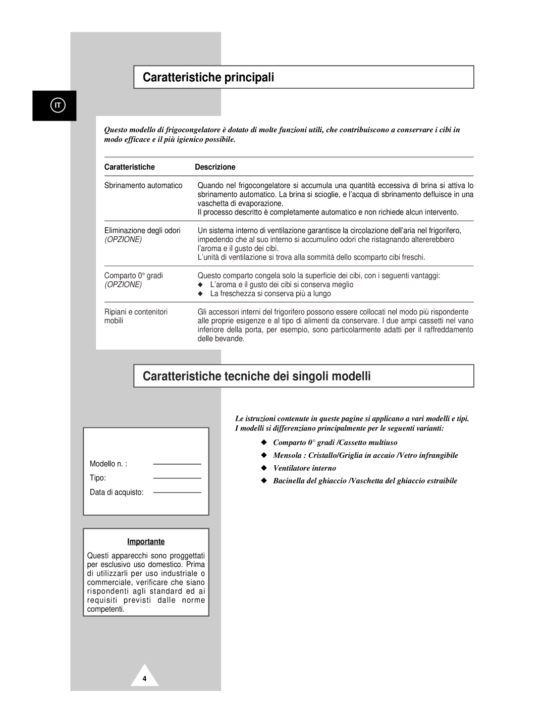 Samsung RT44MCSM1/XET manual Caratteristiche principali, Importante 