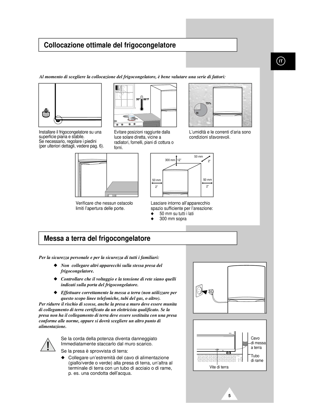 Samsung RT44MCSM1/XET manual Collocazione ottimale del frigocongelatore, Messa a terra del frigocongelatore 