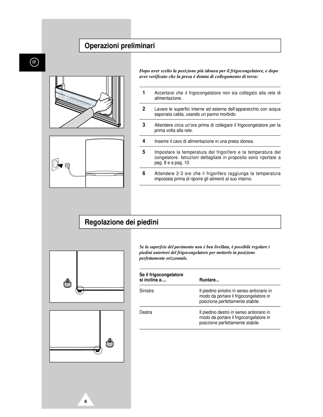 Samsung RT44MCSM1/XET manual Operazioni preliminari, Regolazione dei piedini, Se il frigocongelatore Si inclina a Ruotare 