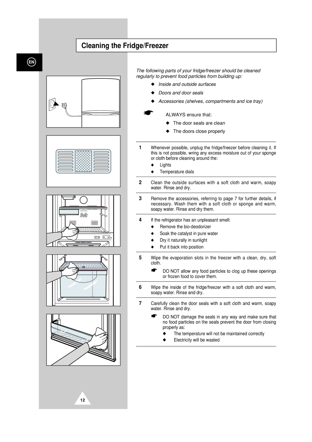 Samsung RT44MCSM1/XET manual Cleaning the Fridge/Freezer 