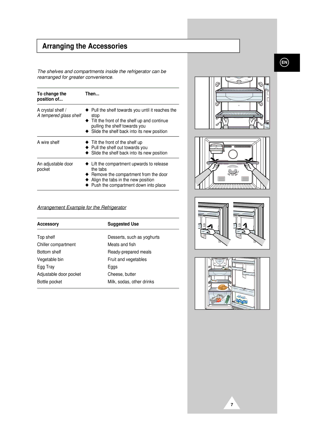 Samsung RT44MCSM1/XET manual Arranging the Accessories, To change Then Position, Accessory Suggested Use 