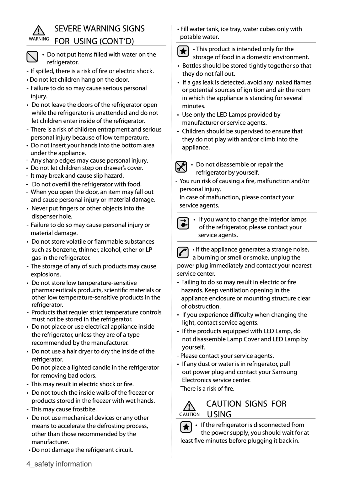 Samsung RT45USGL1/XSV, RT45JSTS1/XMA, RT45JSTS1/XES, RT41JSTS1/XES manual If spilled, there is a risk of re or electric shock 