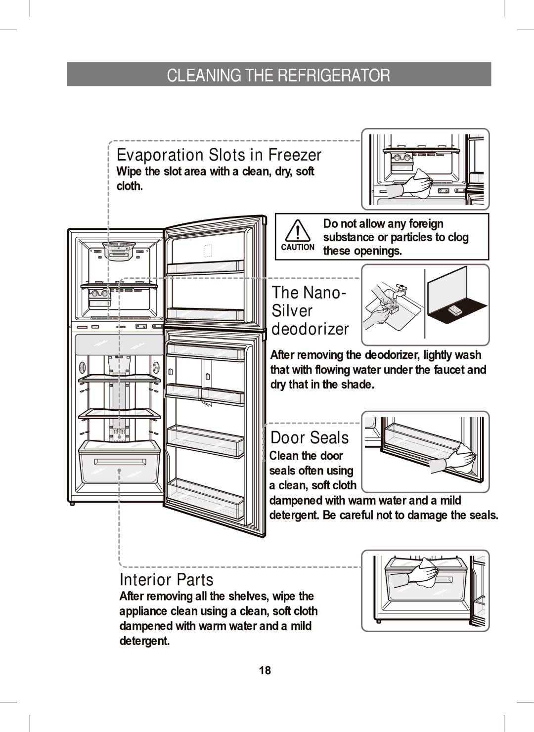 Samsung RT45M, RT41M, RT41E Cleaning the Refrigerator, Evaporation Slots in Freezer, Silver, Door Seals, Interior Parts 