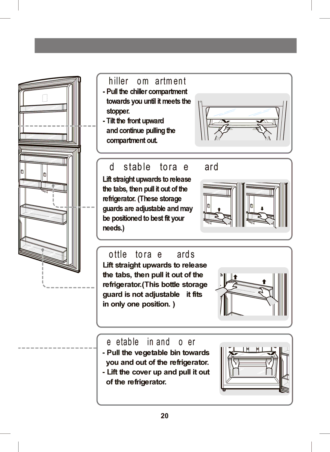 Samsung RT45M, RT41M manual Chiller Compartment, Adjustable Storage Guard, Bottle Storage Guards, Vegetable Bin and Cover 