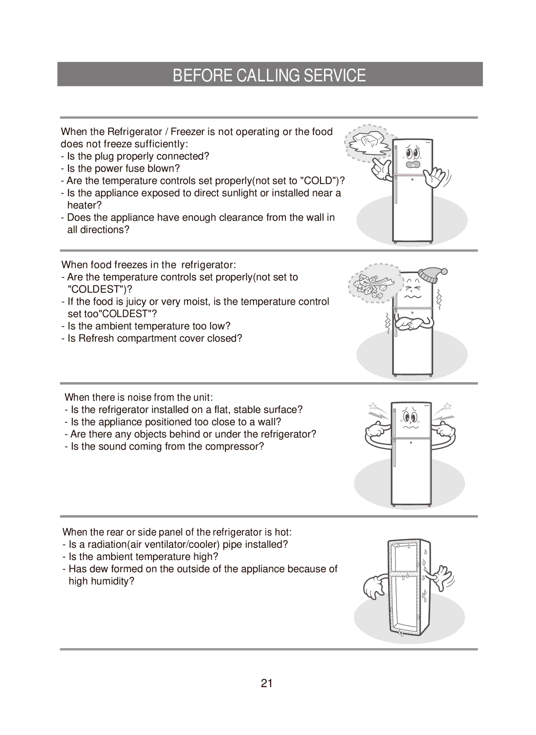 Samsung RT41E, RT45M, RT41M manual Before Calling Service, When food freezes in the refrigerator 