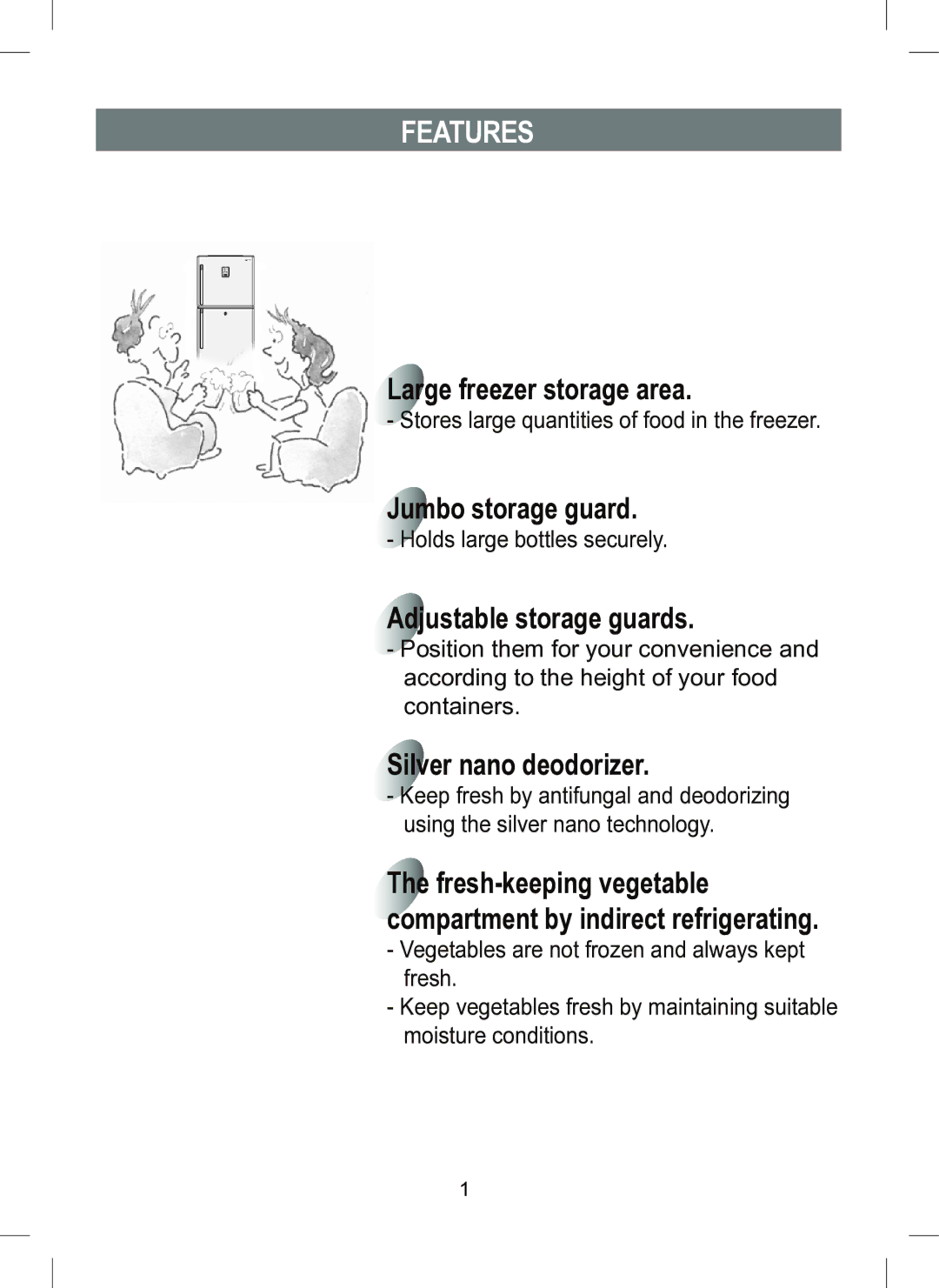 Samsung RT41E Features, Large freezer storage area, Jumbo storage guard, Adjustable storage guards, Silver nano deodorizer 