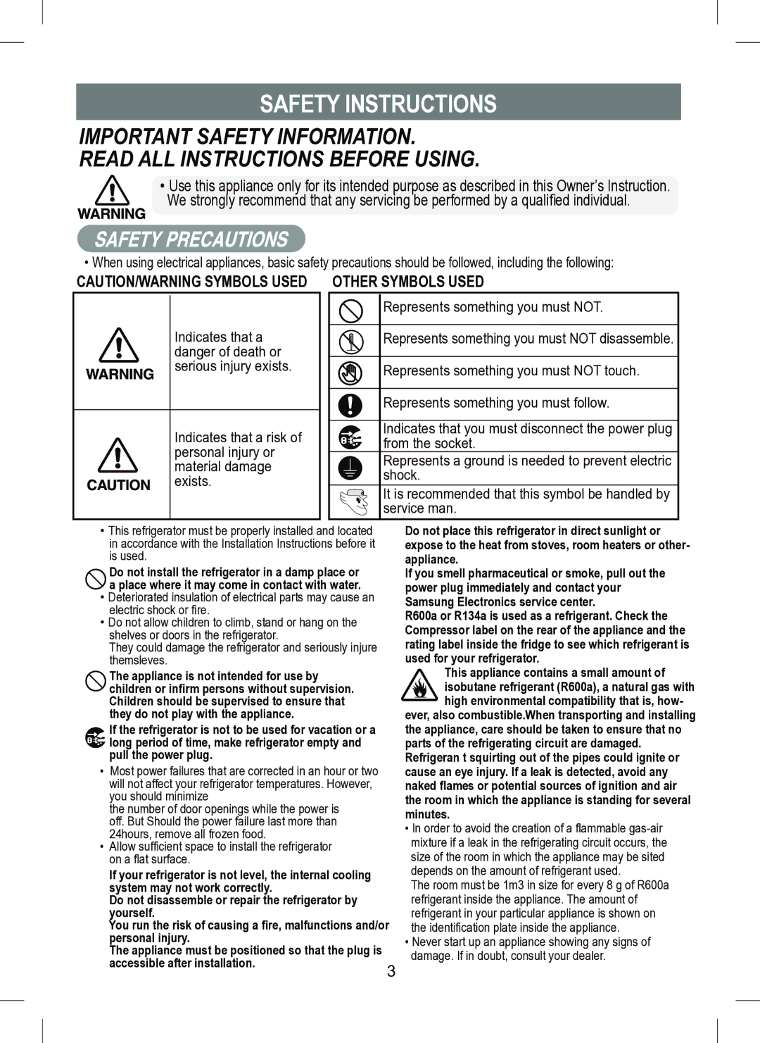 Samsung RT41M, RT45M, RT41E manual Safety Instructions, Pull the power plug 