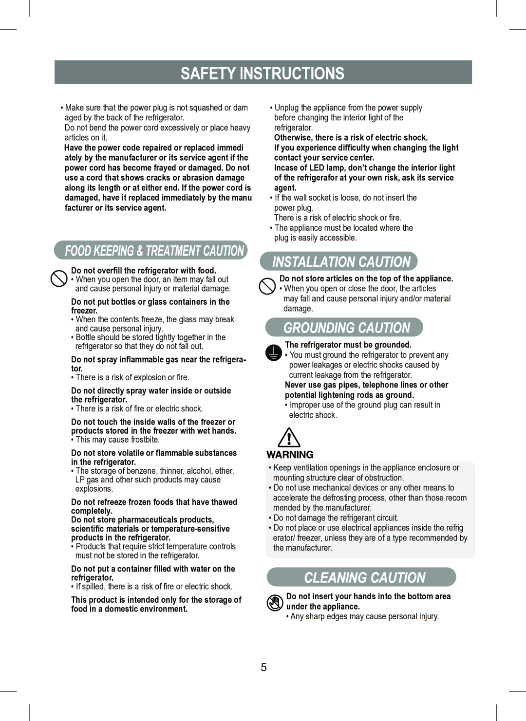 Samsung RT41E, RT45M, RT41M manual Otherwise, there is a risk of electric shock 