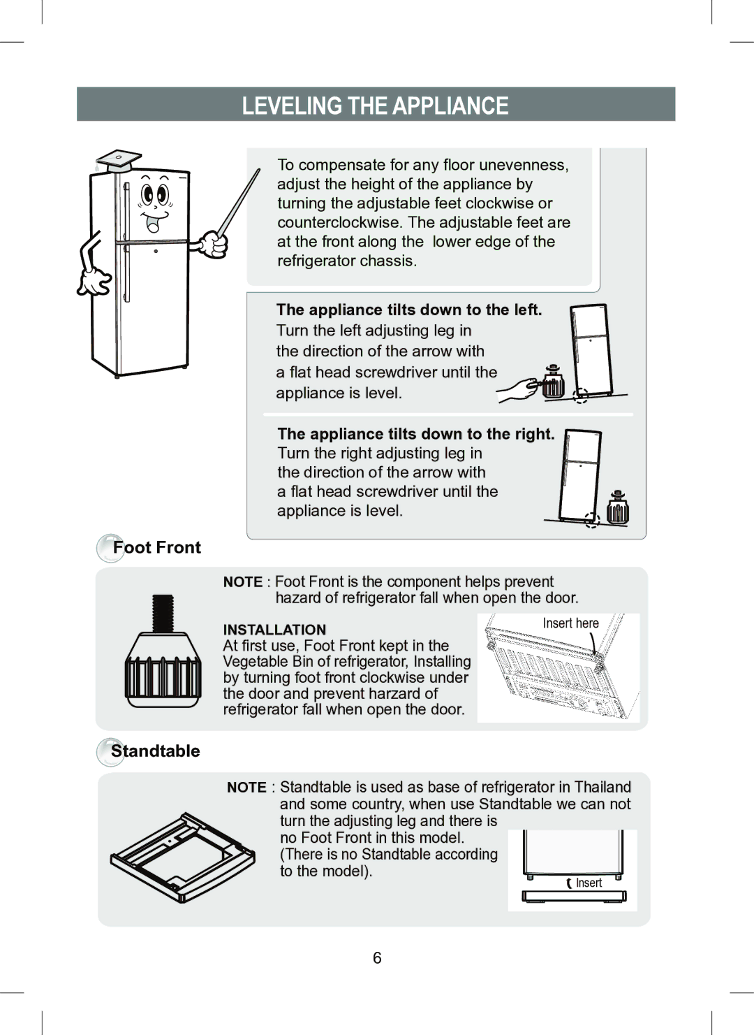 Samsung RT45M, RT41M, RT41E manual Leveling the Appliance, Appliance tilts down to the left 